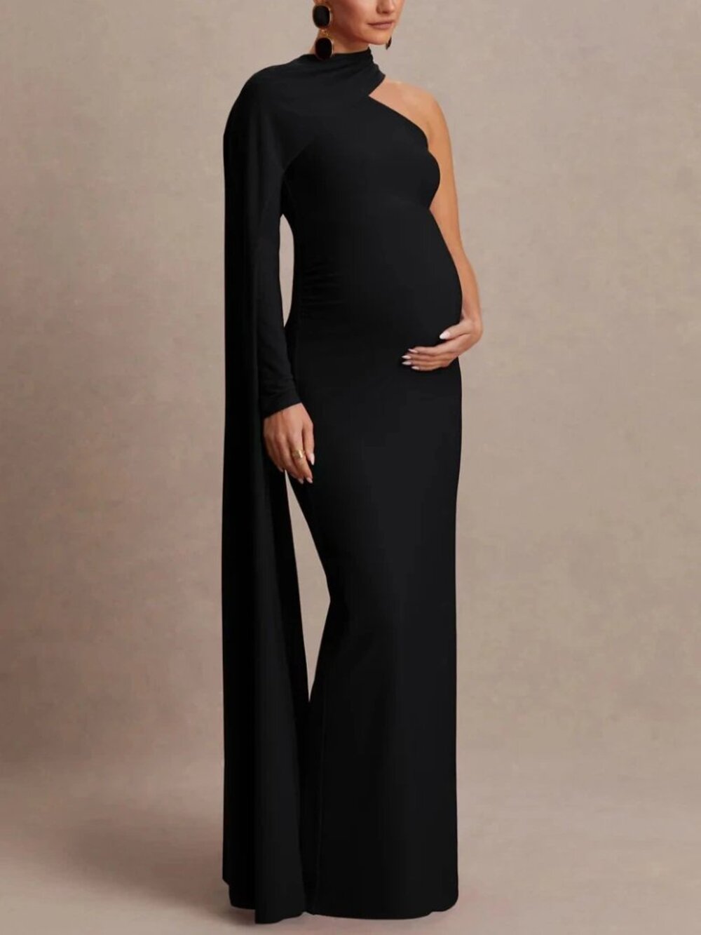 Club London Tessy Black Asymmetric-Neck Maternity Maxi Dress With Cape-Sleeve